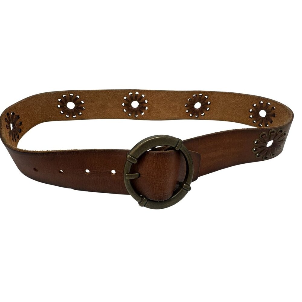 Abercrombie Womens Leather Buckle Belt 35" Brown Floral Cutout Retro Classic Y2K